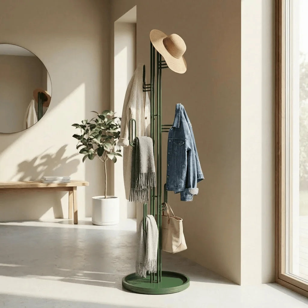 Porte-manteau cactus vert dans une entrée lumineuse, avec vêtements et sac