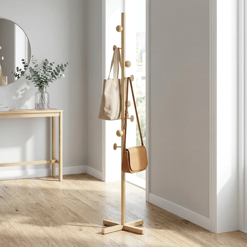 Porte-manteau sur pied doré installé dans une entrée lumineuse Image