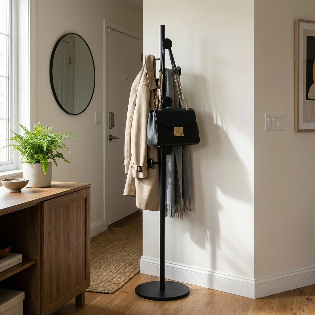 Porte-manteau champignon noir avec manteaux et sac dans une entrée, photo originale
