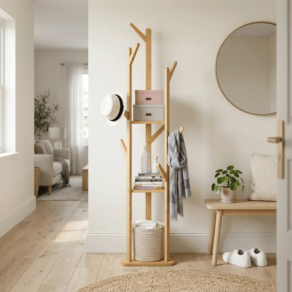 Porte-manteau en bois clair dans une entrée lumineuse avec chapeau et étagères Image