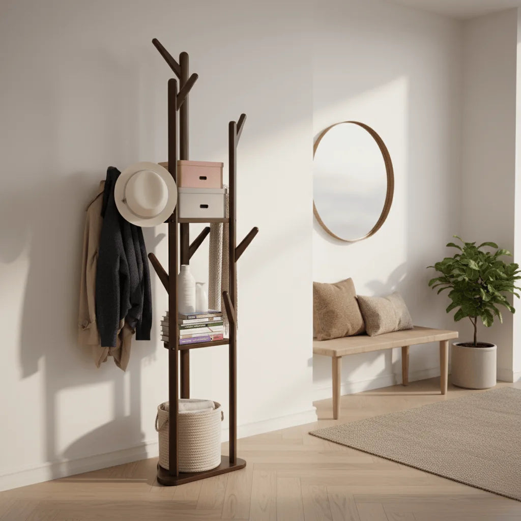 Porte-manteau sur pied en bois foncé dans une entrée avec banc et miroir Image