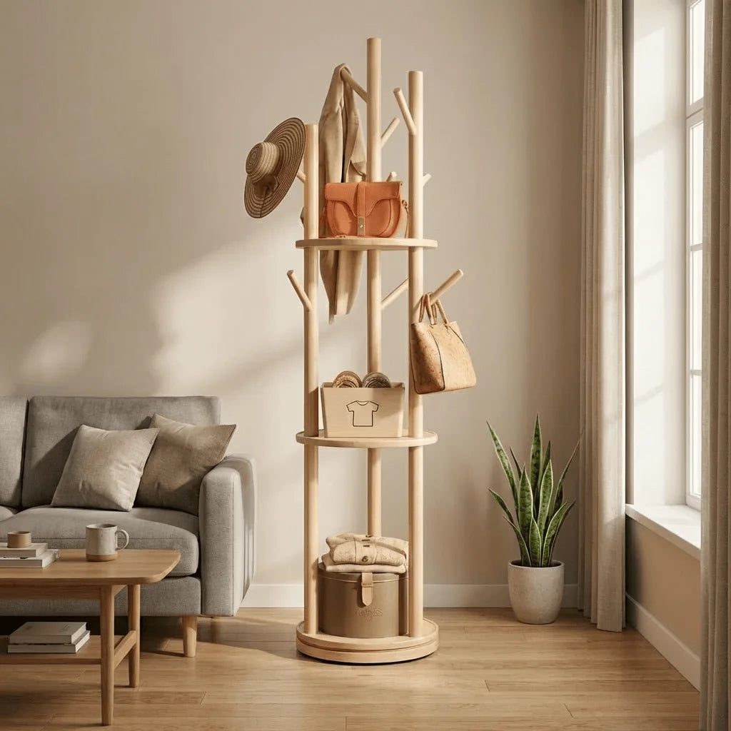 Porte-manteau en bois clair à étagères rondes installé près d’un canapé et d’une fenêtre Image