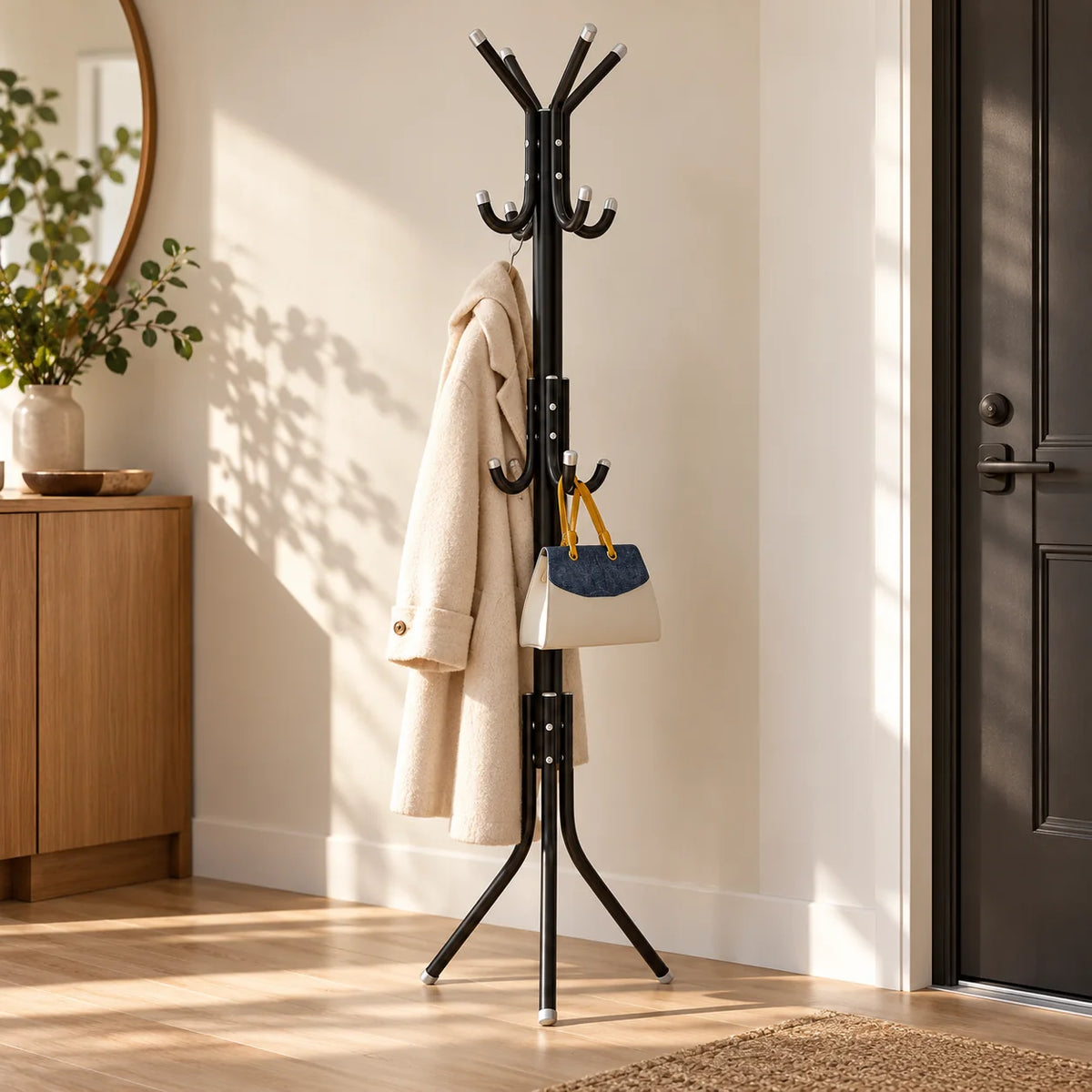 Porte-manteau perroquet noir avec manteau et sac dans une entrée lumineuse Image