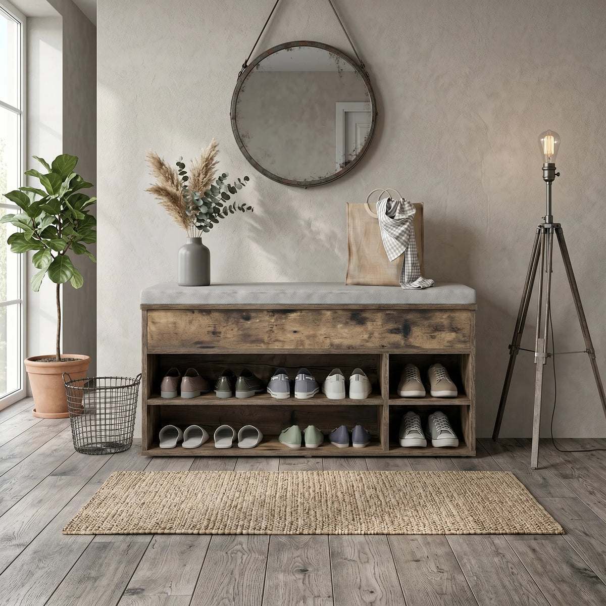 Banc à chaussures en bois marron foncé patiné dans une entrée rustique