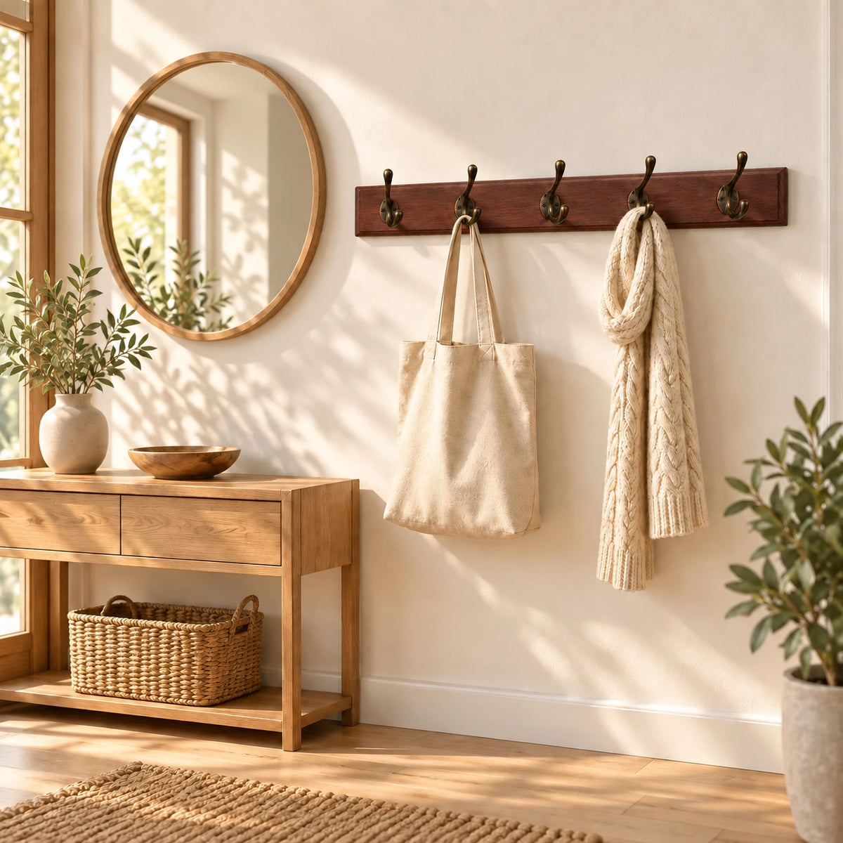Porte Manteau entrée Ancien Grand Crochet bois dans une entrée lumineuse avec miroir rond et console