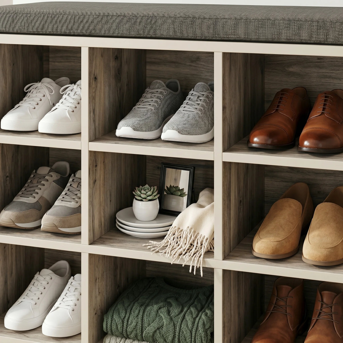 Détail du coussin gris et des niches à chaussures en bois grisé
