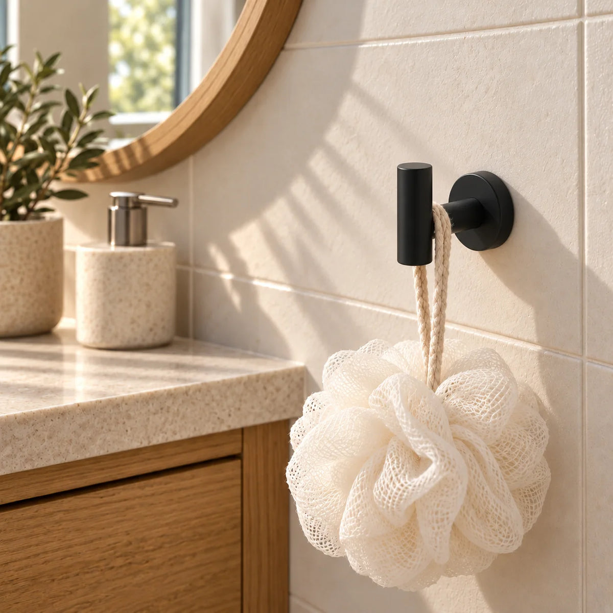 Crochet noir mat avec fleur de bain suspendue dans une salle de bain