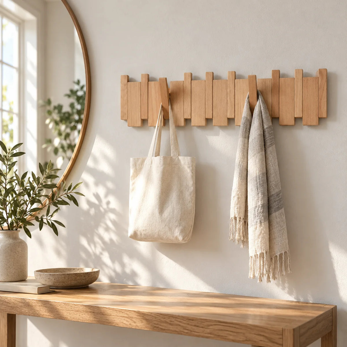 Grand porte-manteau mural en bois clair avec sac et foulard près d’une console