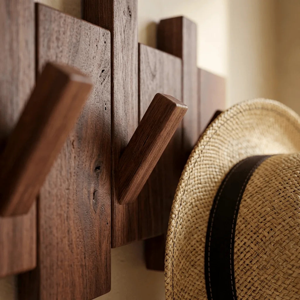 Gros plan original des crochets dépliés du grand porte-manteau en bois foncé