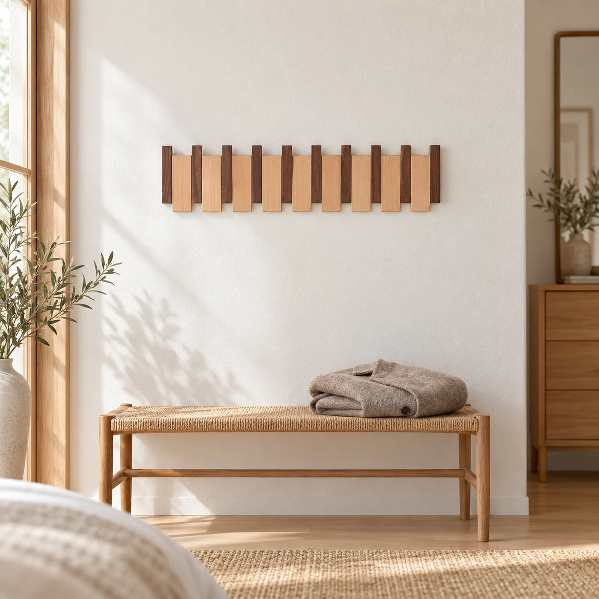 Grand porte-manteau mural en bois bicolore dans un dressing lumineux au-dessus d’une banquette