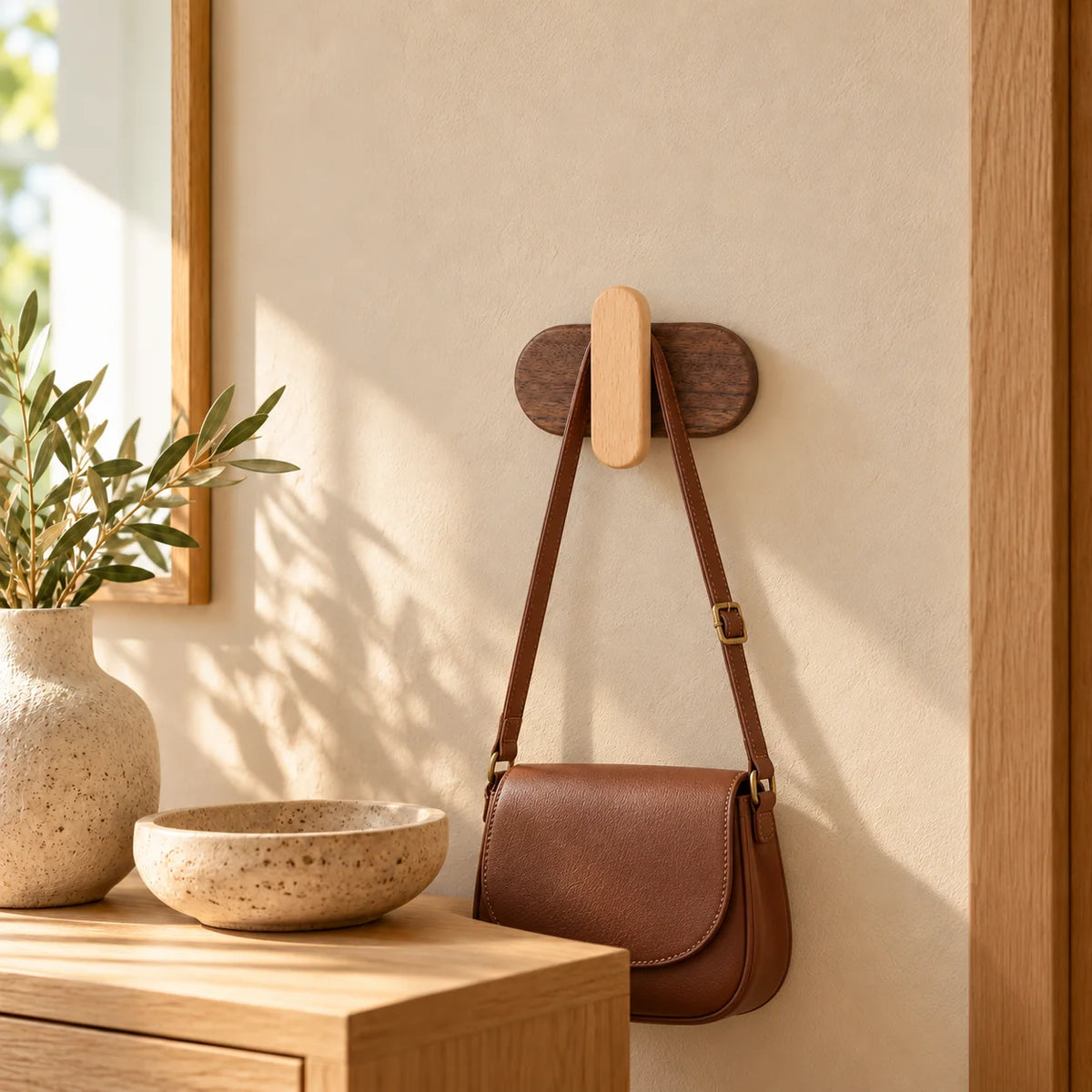 Patère capsule claire dans une entrée, portant un sac en cuir brun