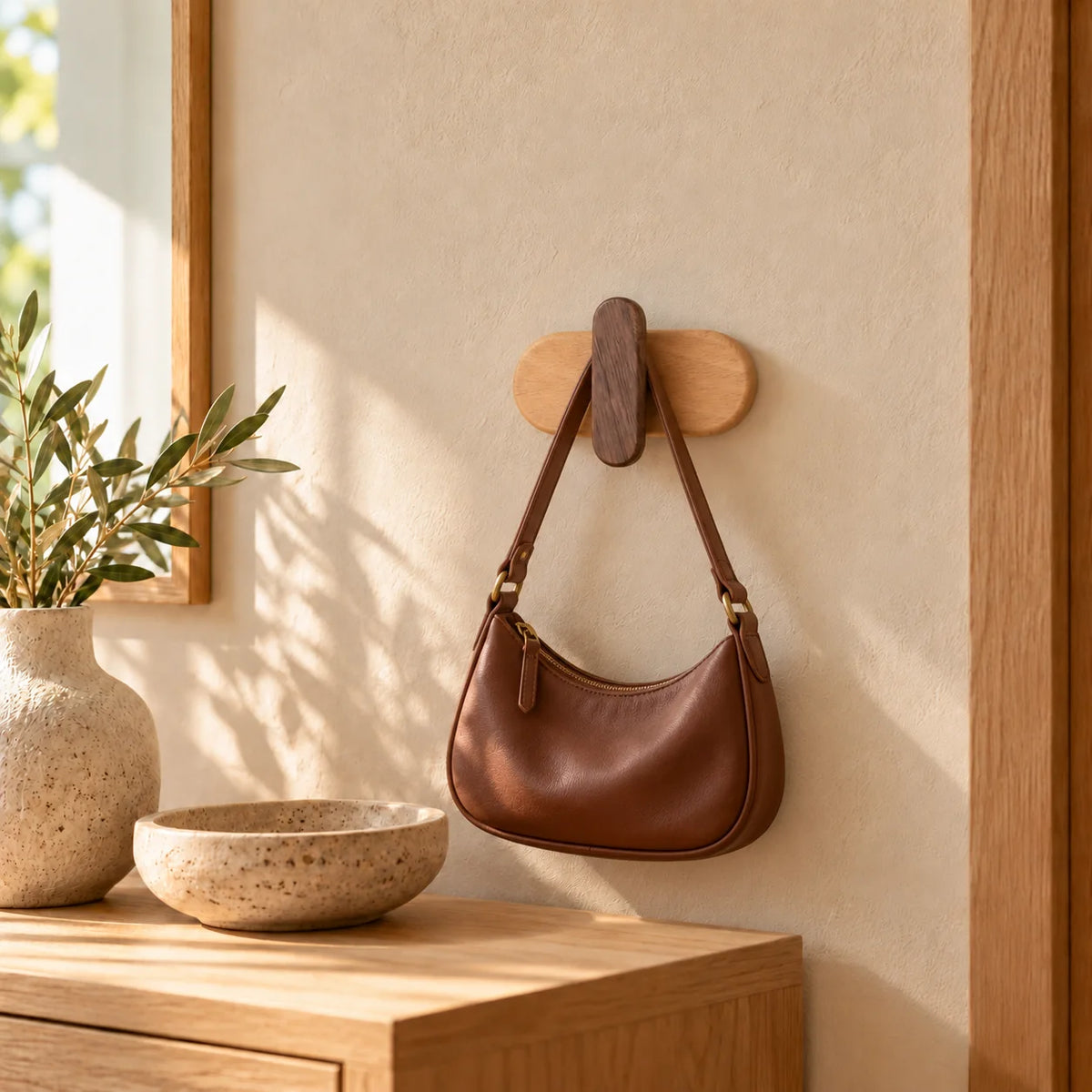 Patère capsule foncée dans une entrée, portant un sac en cuir brun