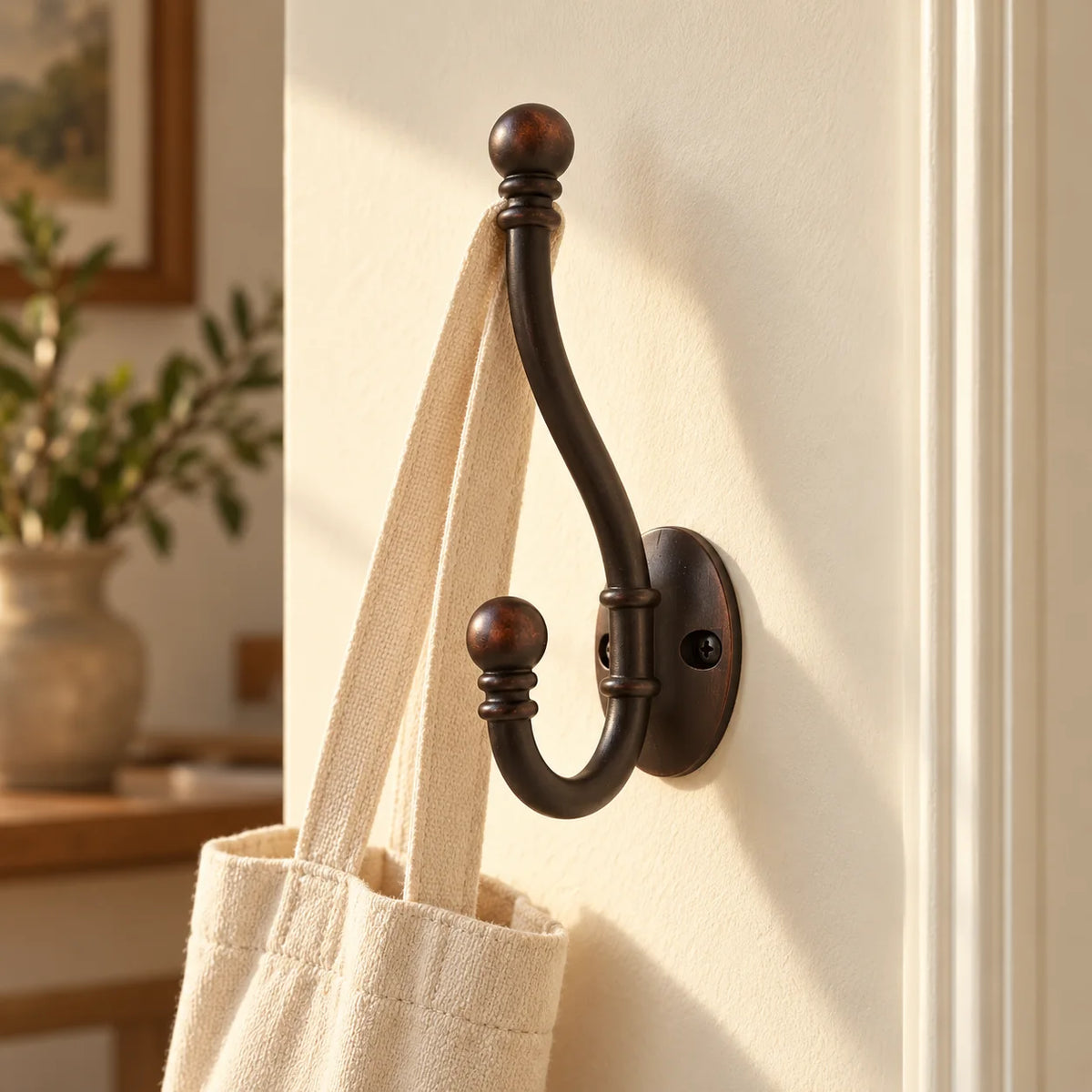 Patère ancienne bronze foncé avec un sac en toile suspendu au crochet supérieur