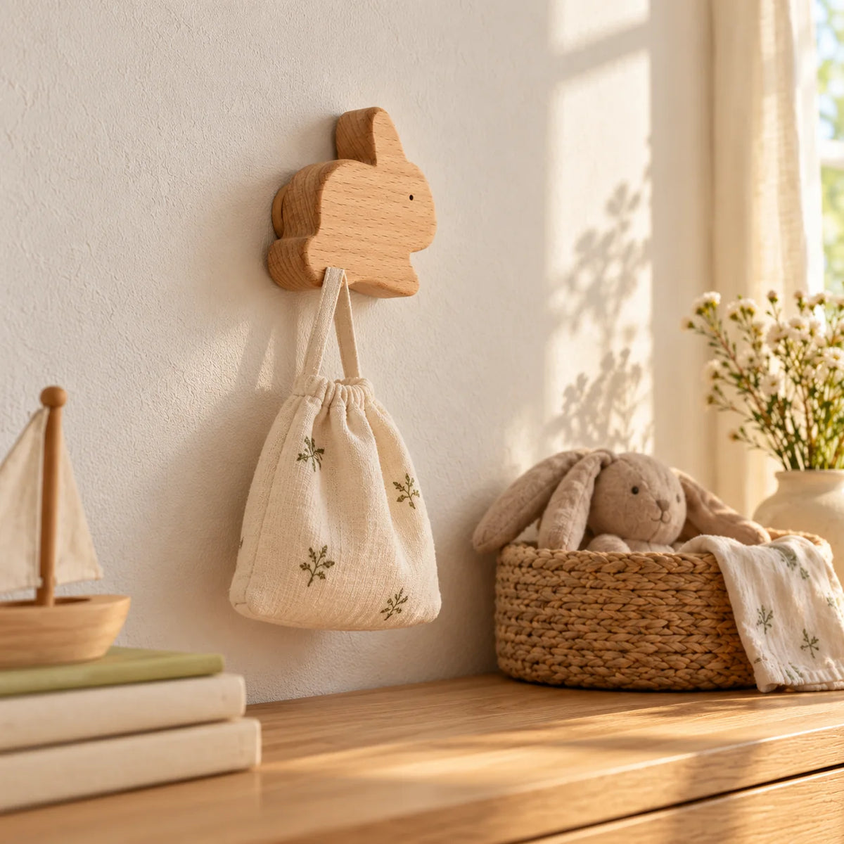 Patère lapin en bois avec petit sac en coton suspendu dans la même chambre