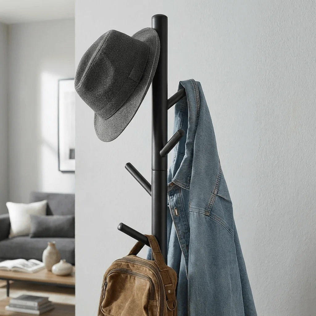 Vue rapprochée des crochets en bois noir avec chapeau gris, veste en jean et sac brun