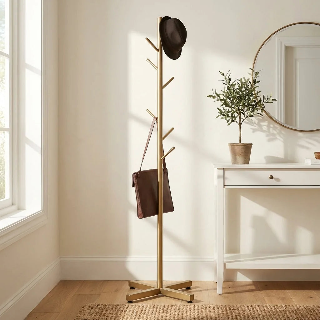 Porte-manteau arbre doré avec chapeau et sac dans une entrée lumineuse, photo originale