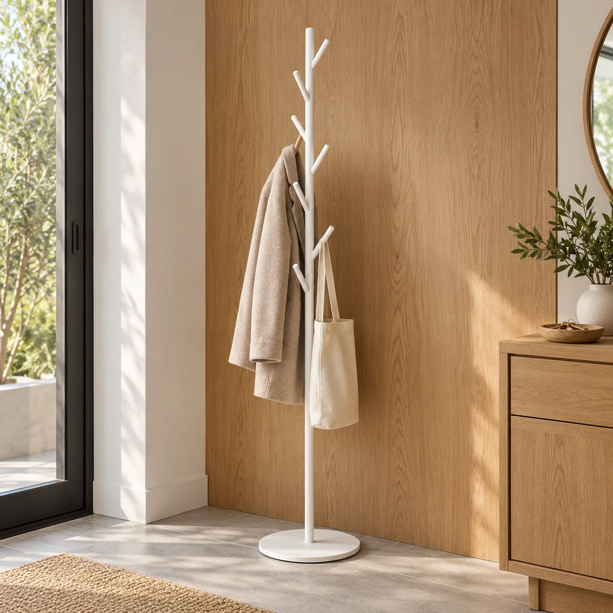 Porte-manteau arbre tout blanc avec manteau beige et sac en toile dans une entrée lumineuse