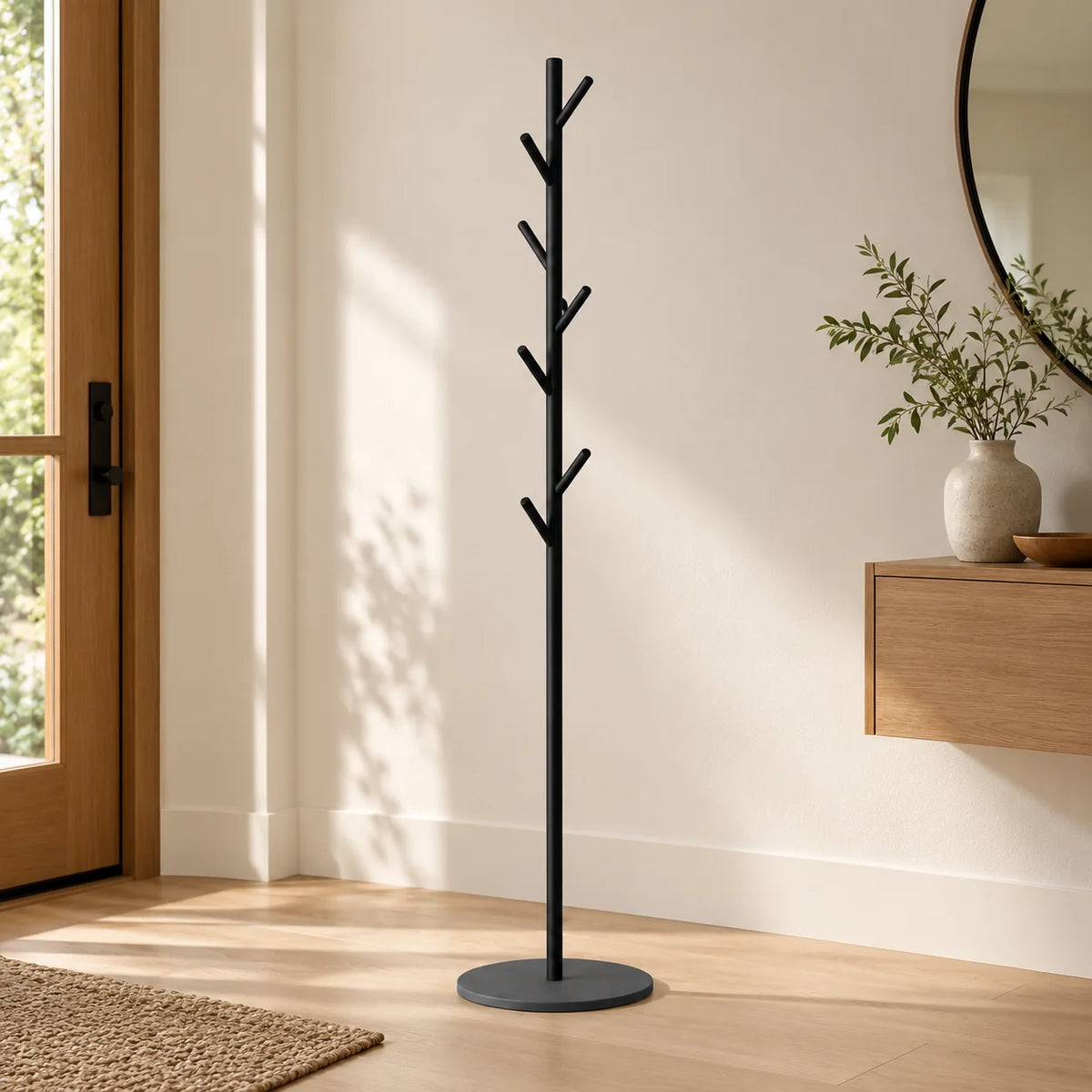 Porte-manteau arbre noir à sept patères dans une entrée claire avec parquet