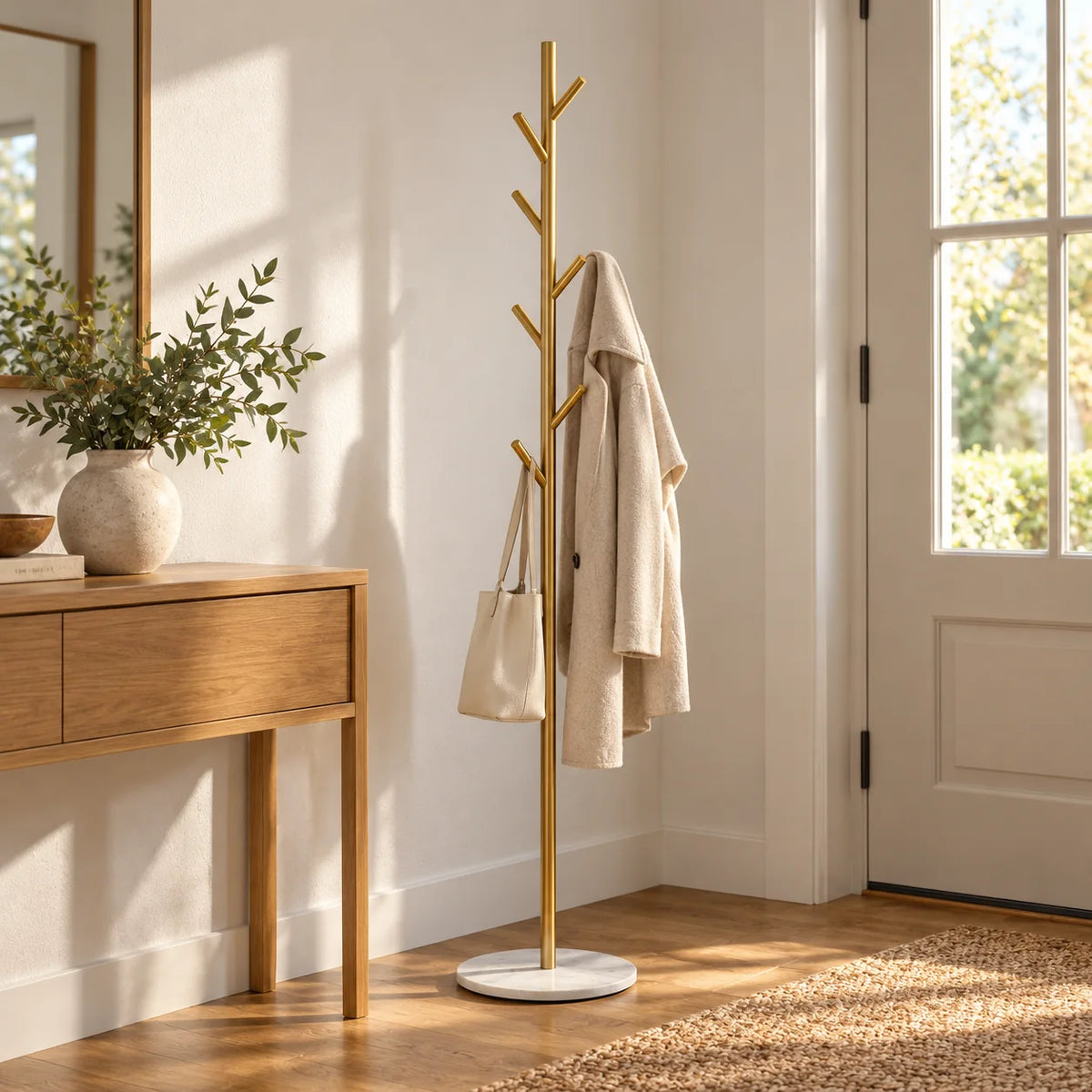 Porte-manteau arbre doré et blanc avec manteau beige et sac dans une entrée lumineuse