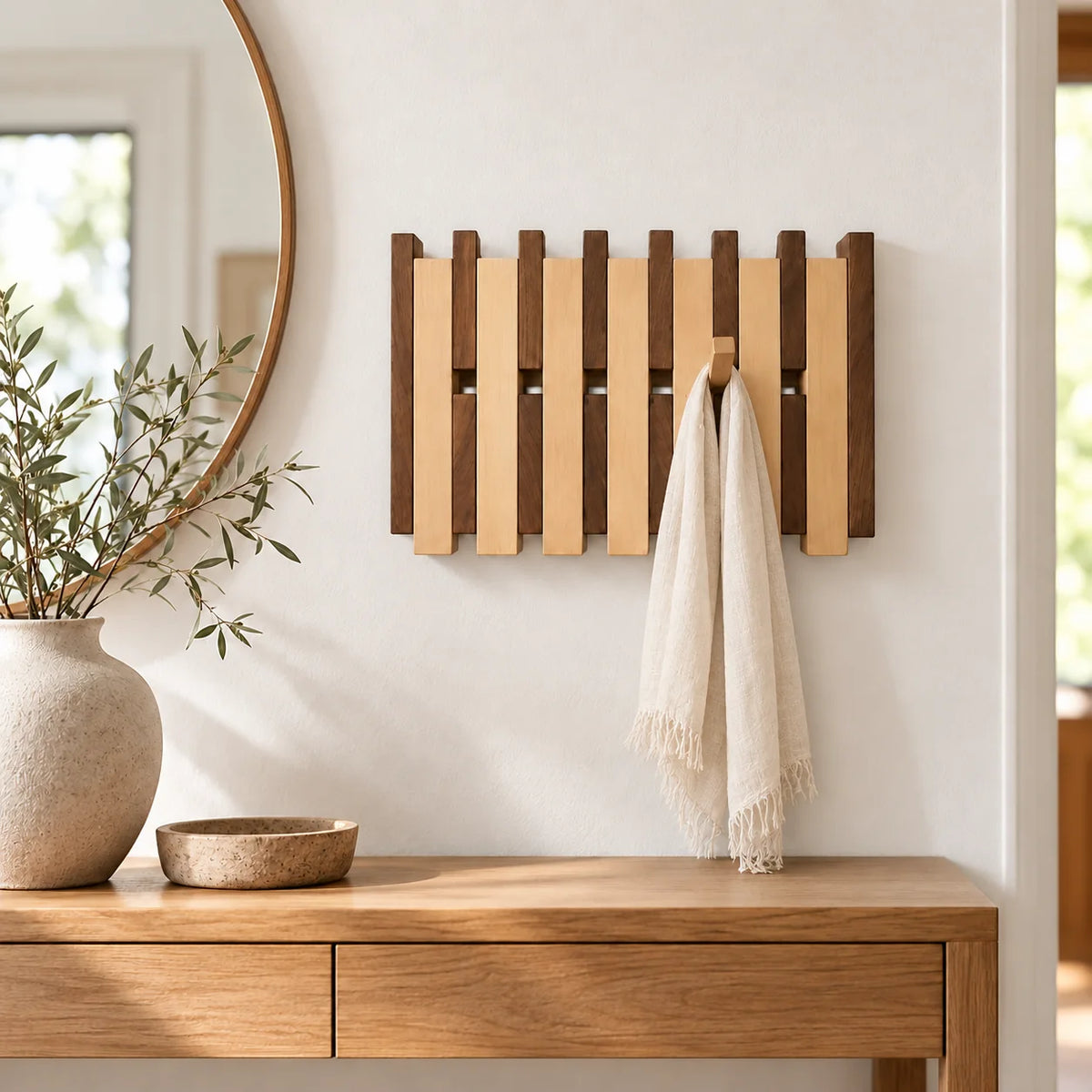 Grand porte-manteau mural bicolore avec un crochet clair ouvert portant une écharpe