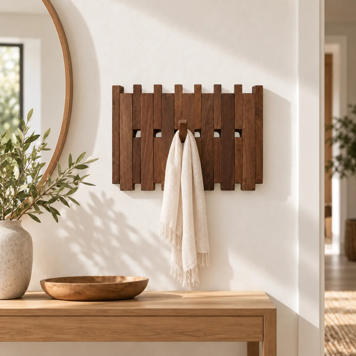 Porte-manteau carré large en bois foncé avec un crochet ouvert portant une écharpe claire