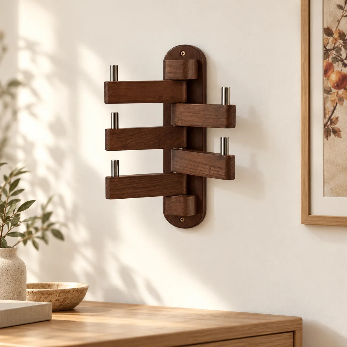 Porte-manteau mural en bois foncé avec cinq bras pivotants ouverts sur un mur intérieur
