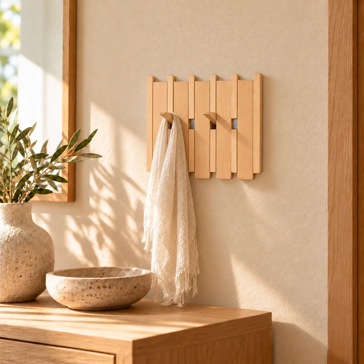 Porte-manteau mural carré en bois clair avec deux crochets ouverts et une écharpe en lin
