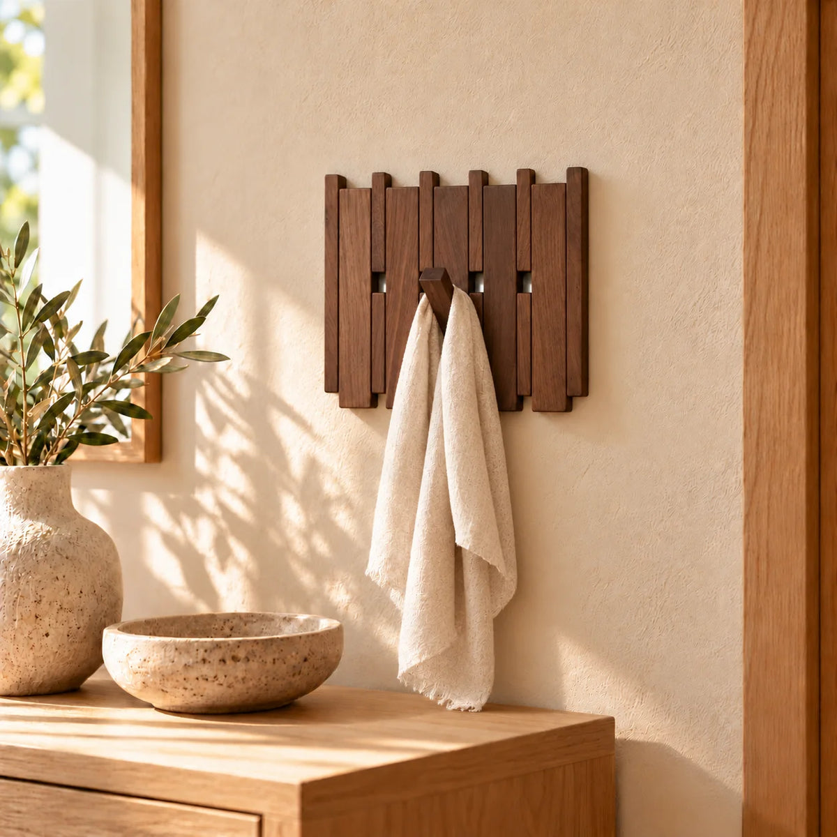 Petit porte-manteau carré en bois foncé avec un crochet ouvert et une écharpe claire