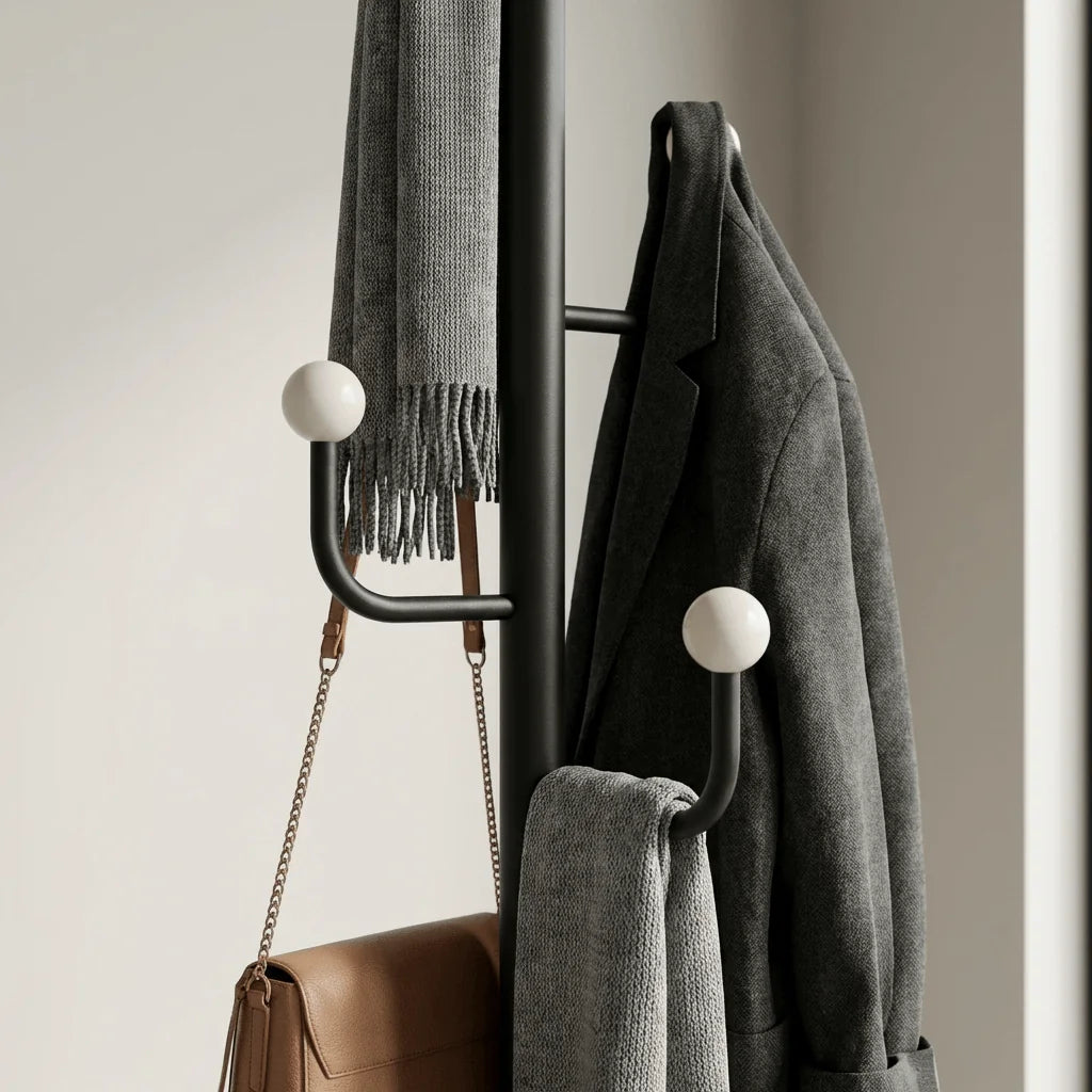 Vue rapprochée du porte-manteau noir à crochets blancs en situation