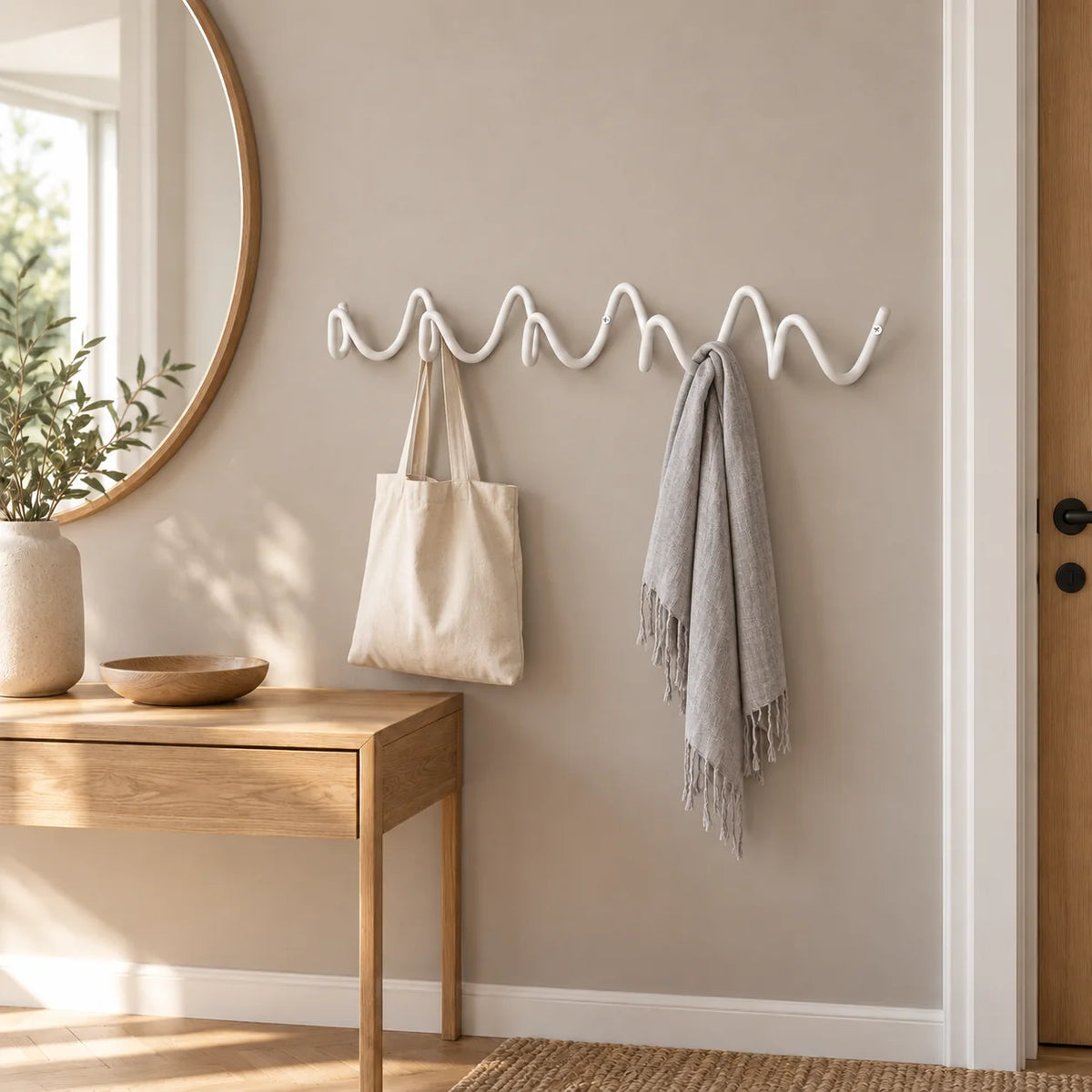 Porte-manteau mural Vrille blanc portant un cabas et une écharpe dans une entrée