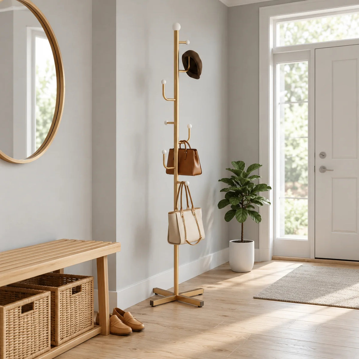 Porte-manteau doré sur pied vu d'un autre angle dans la même entrée