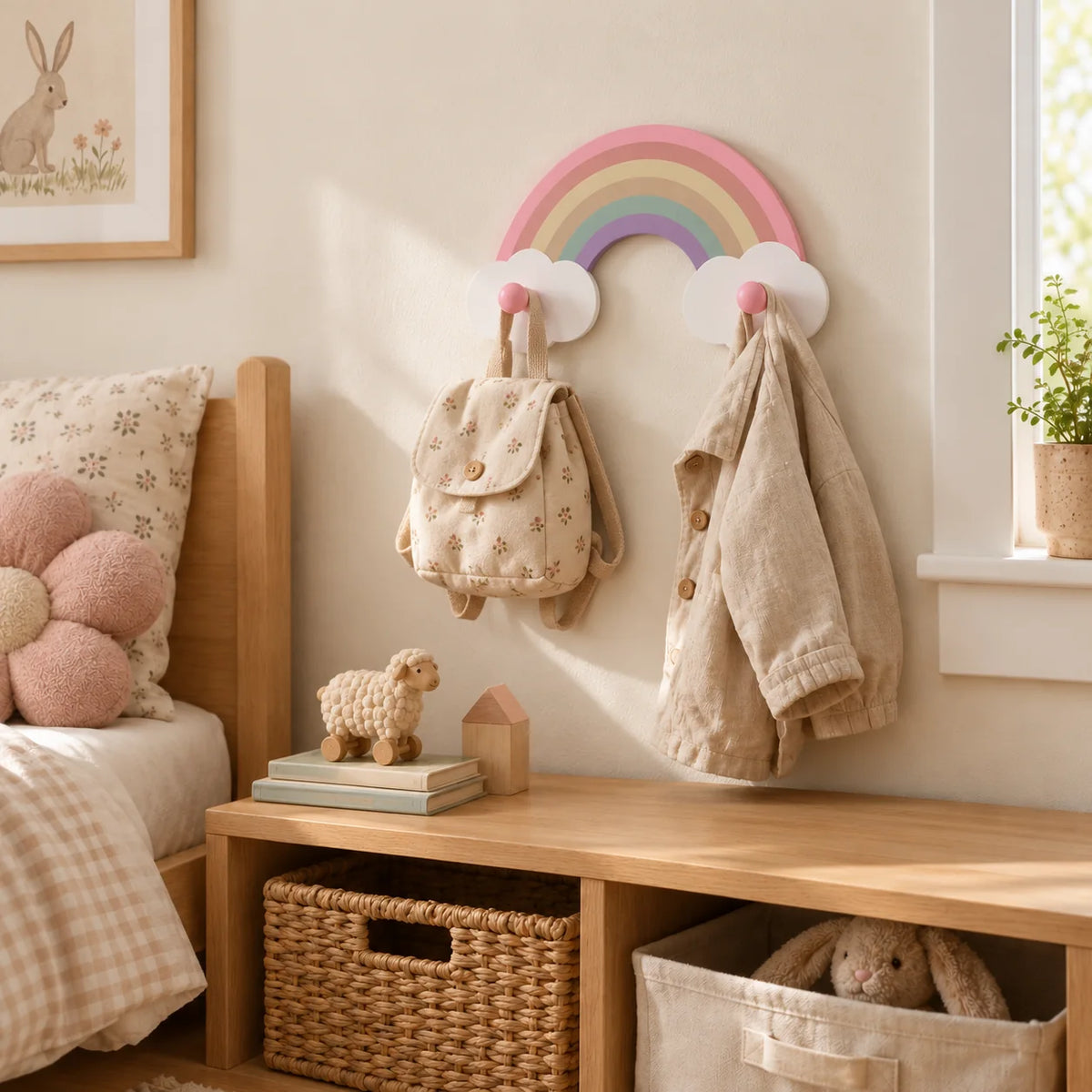 Patère enfant arc-en-ciel avec sac et veste sur ses deux crochets roses