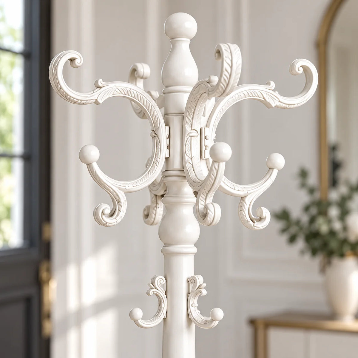 Gros plan des volutes et crochets supérieurs du porte-manteau blanc