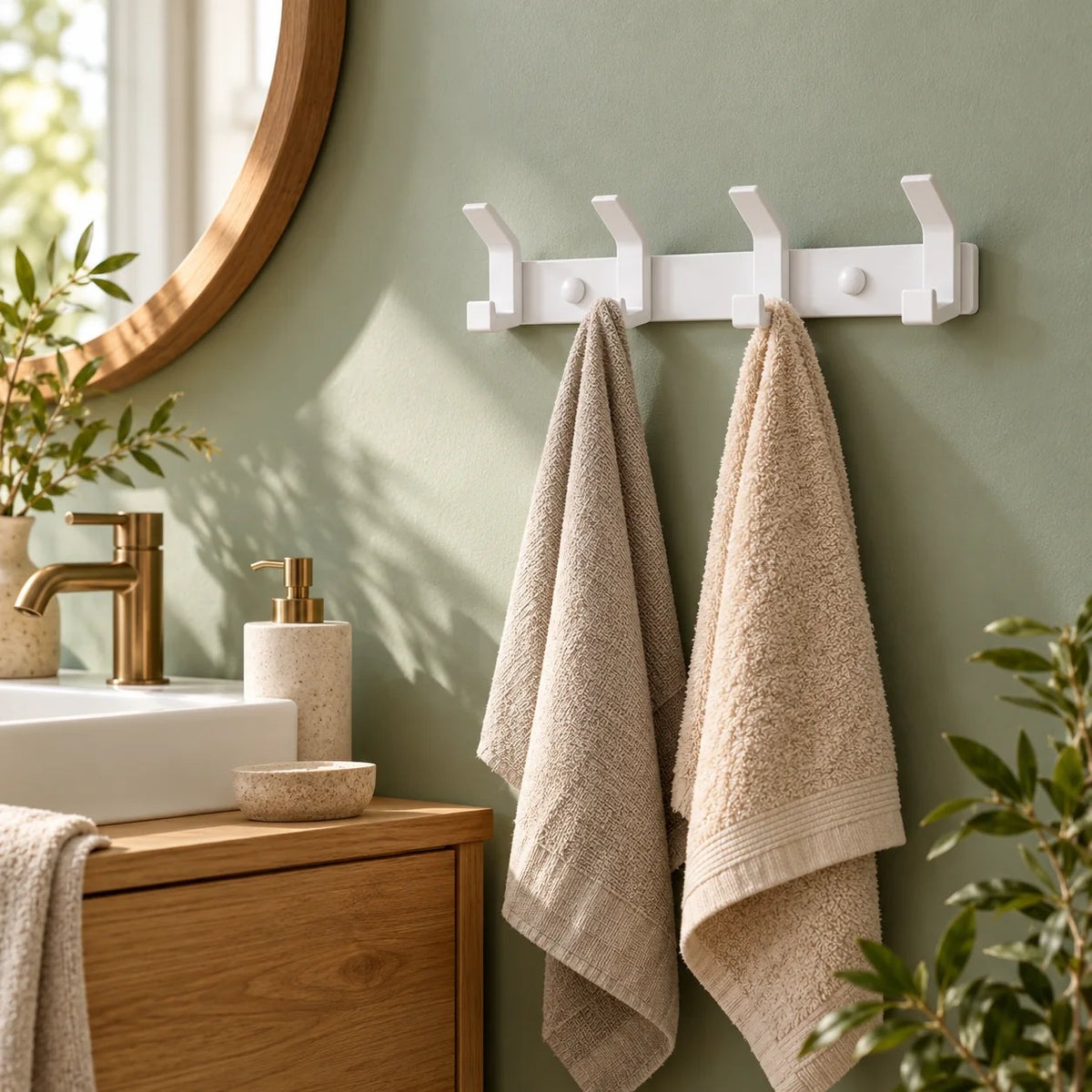 Porte-manteau blanc à quatre crochets avec serviettes dans une salle de bain