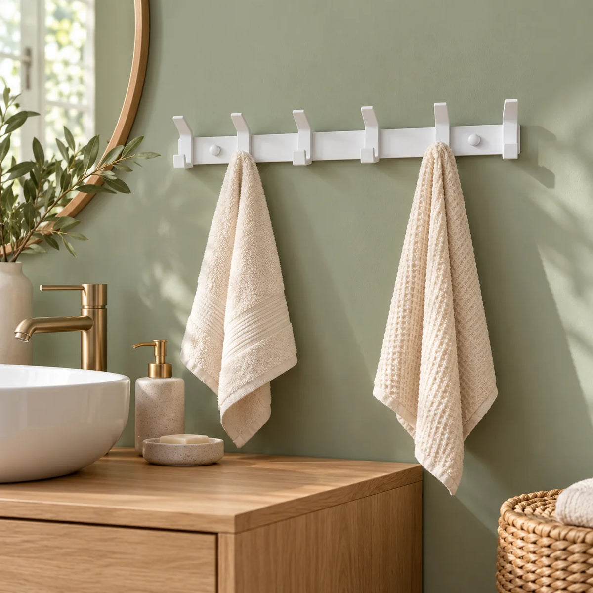Grande barre blanche à six crochets avec deux serviettes dans une salle de bain