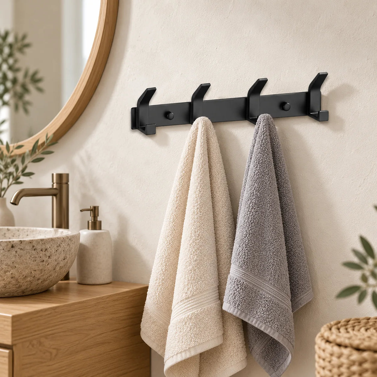 Porte-manteau noir à quatre crochets avec deux serviettes dans une salle de bain