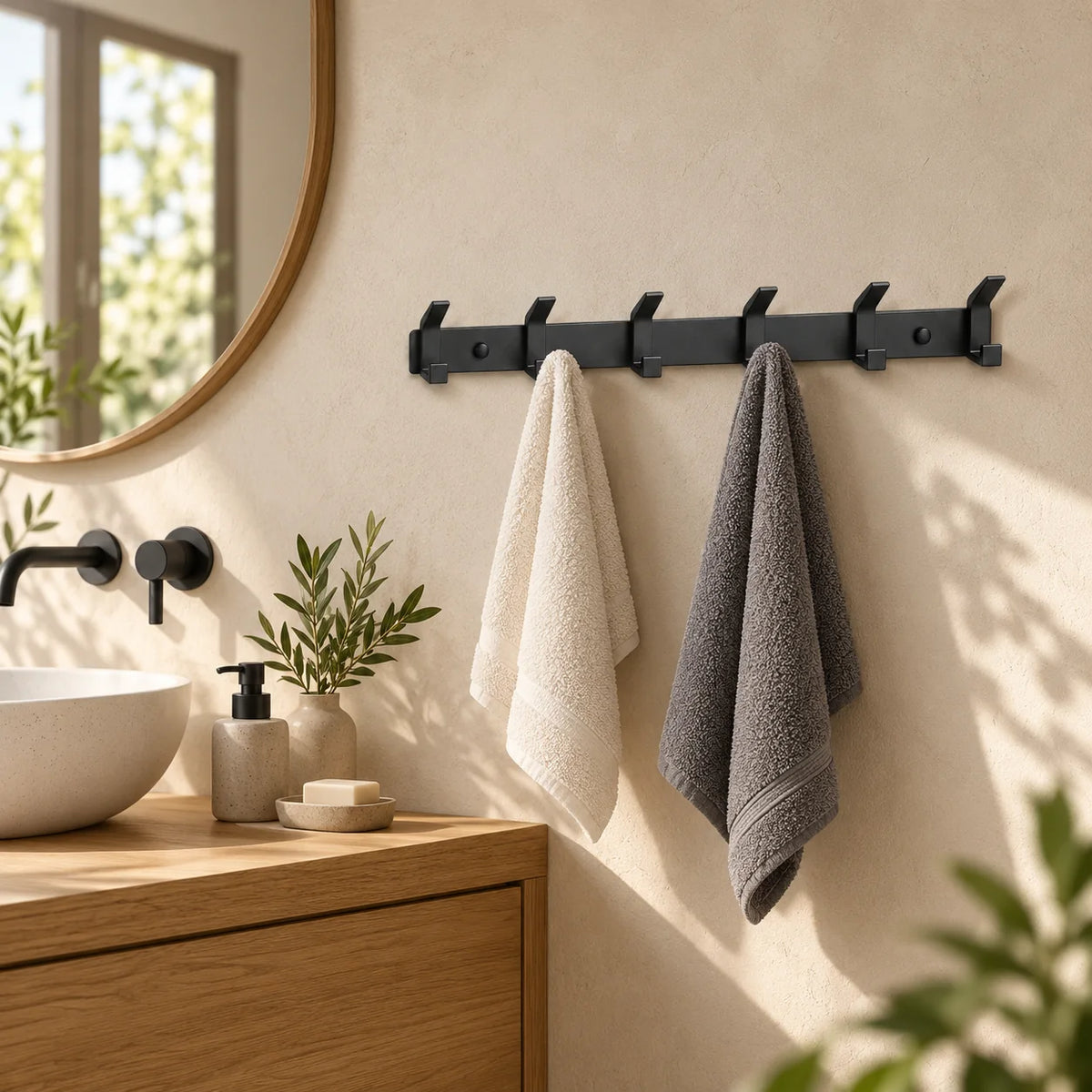 Barre porte-manteau noire à six crochets avec serviettes dans une salle de bain