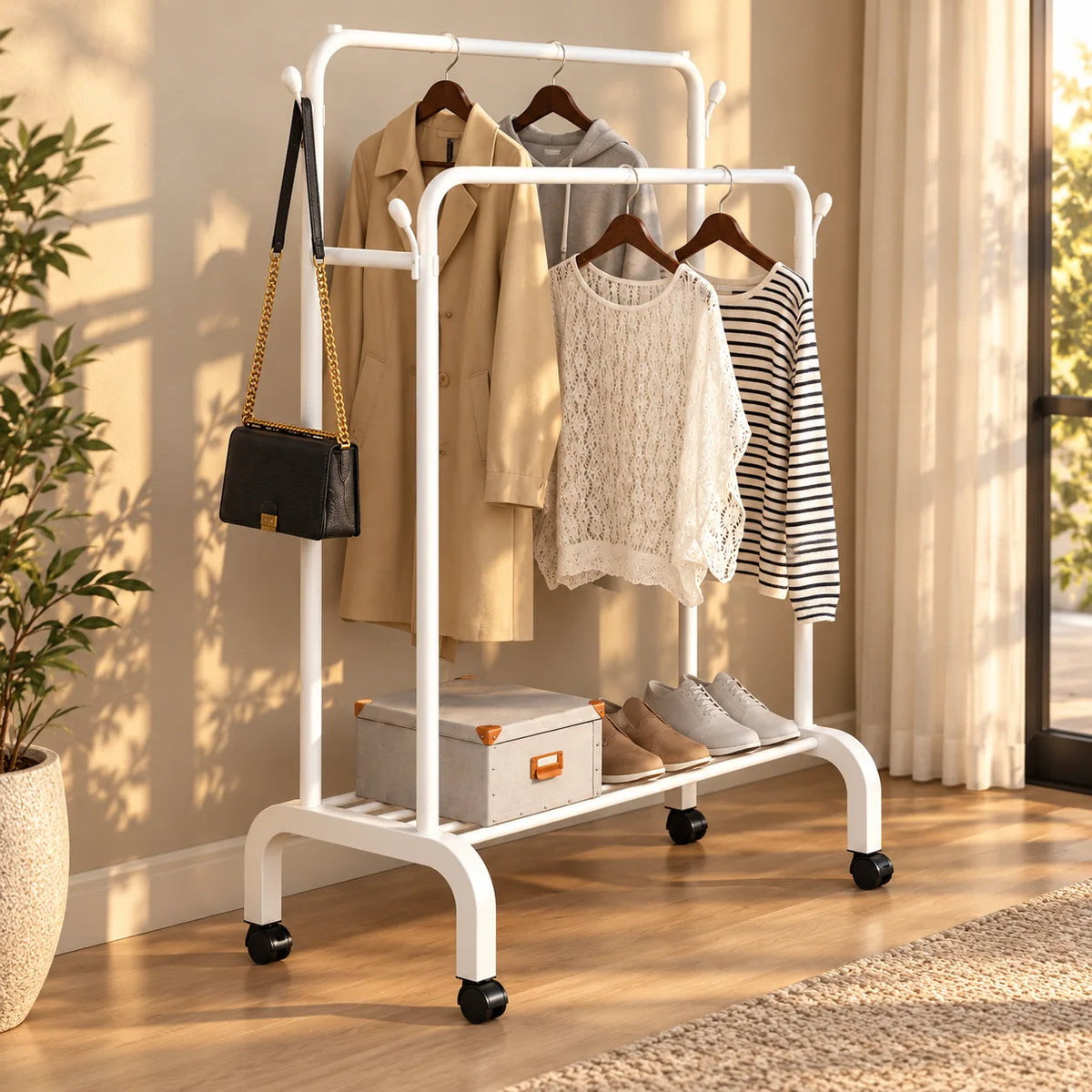 Portant dressing blanc vu en angle dans une pièce en lumière chaude