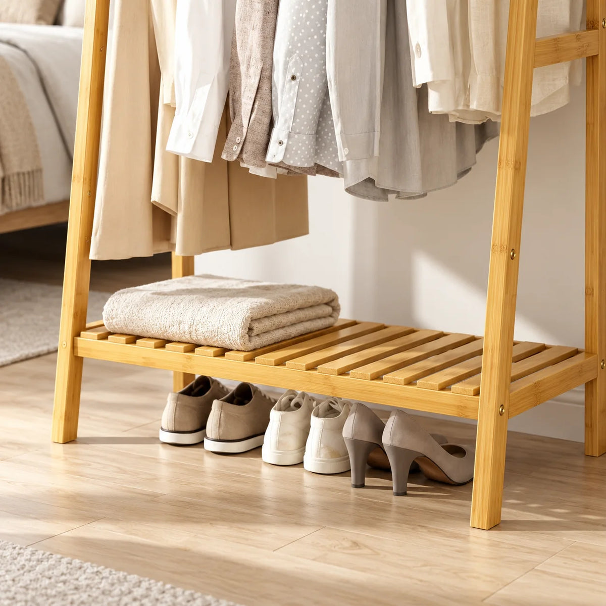 Gros plan sur l’étagère basse à lattes et les rangements pour chaussures du dressing en bois clair