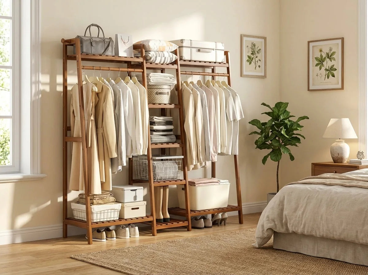 Vue large du dressing ouvert en bois avec vêtements et étagères dans la chambre