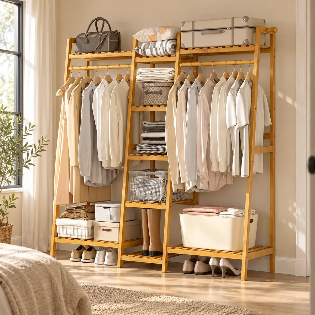 Grand dressing en bois clair installé contre un mur dans une chambre
