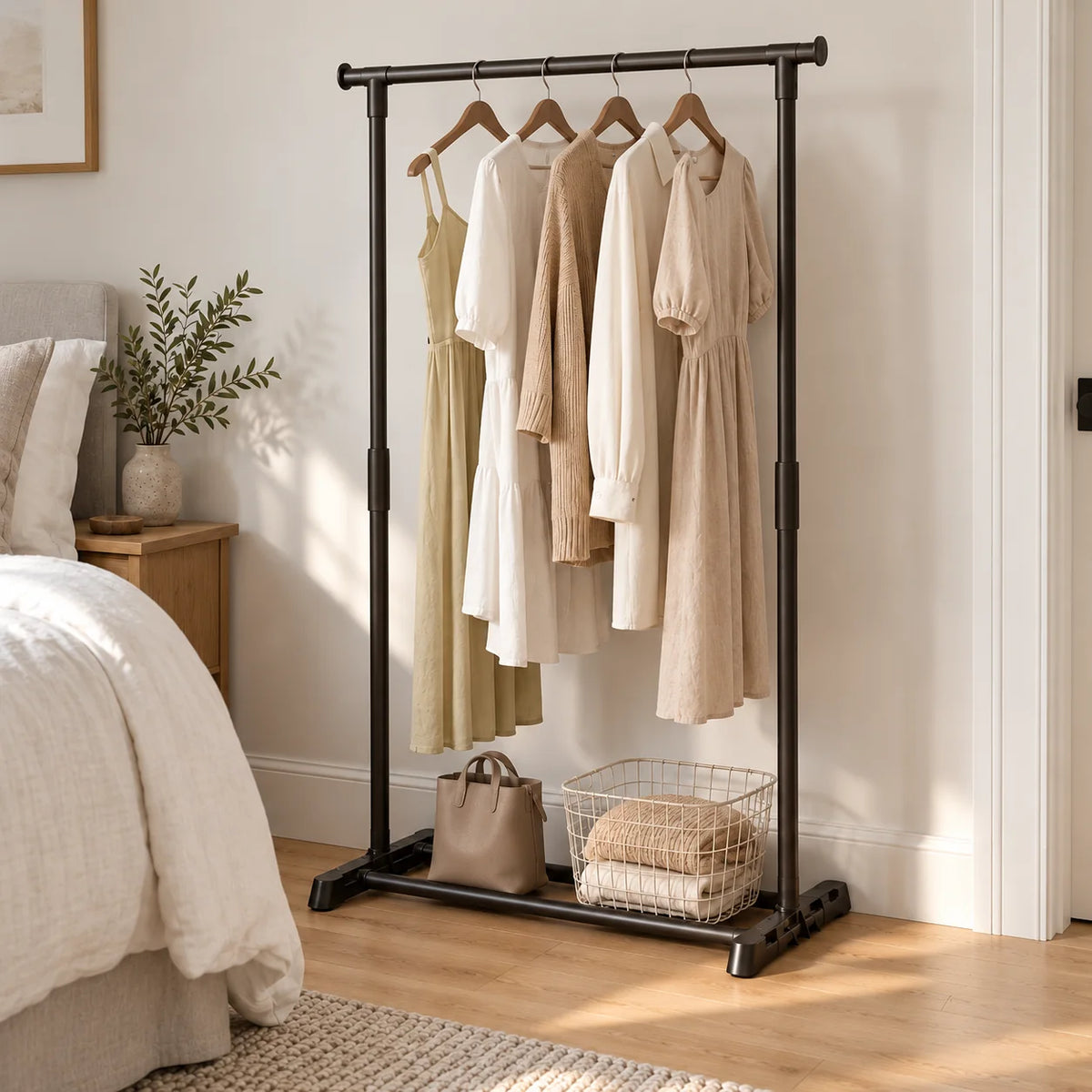 Petit portant dressing noir en angle dans une chambre avec vêtements et panier
