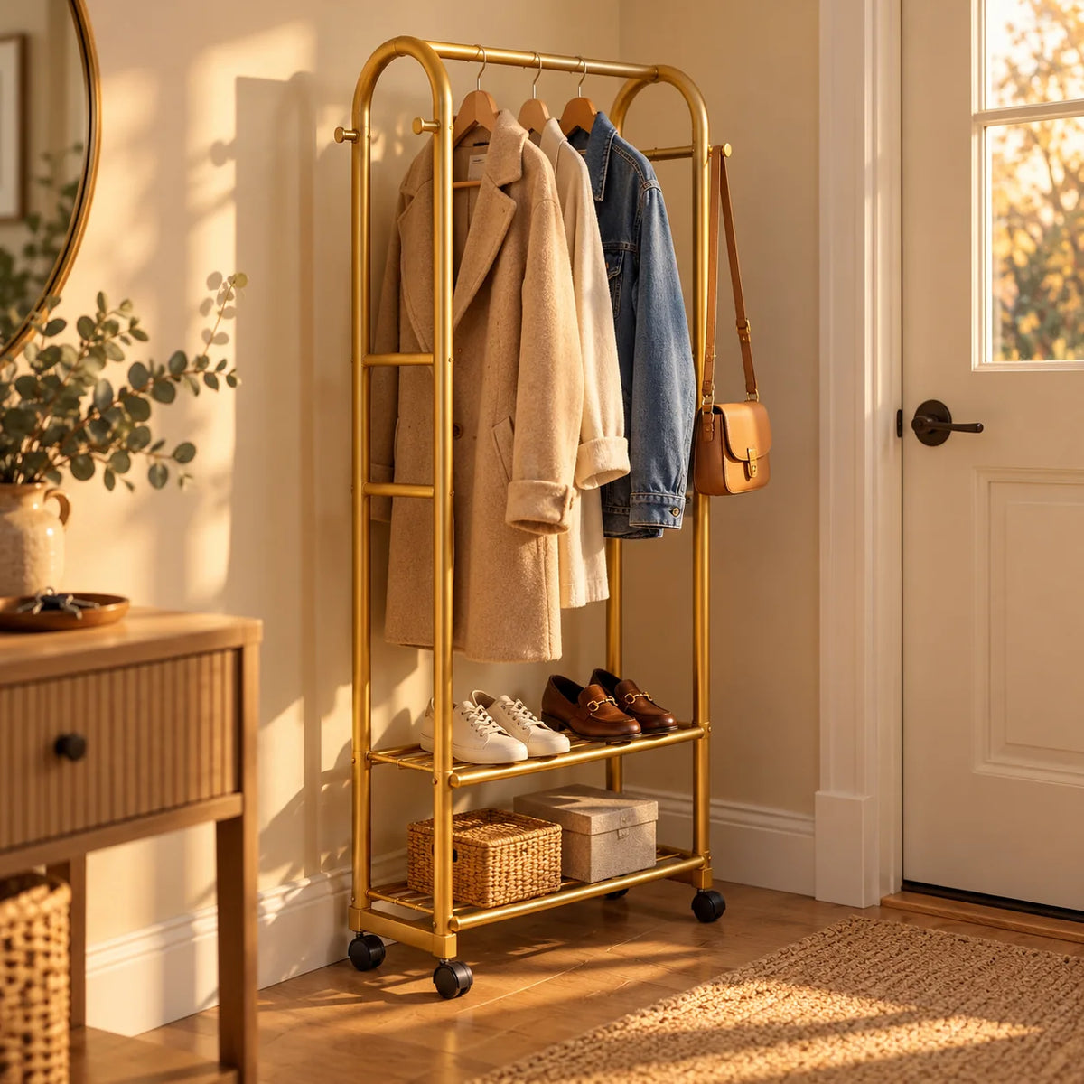 Petit portant doré Luxe de 60 cm près d’une porte, lumière chaude du soir