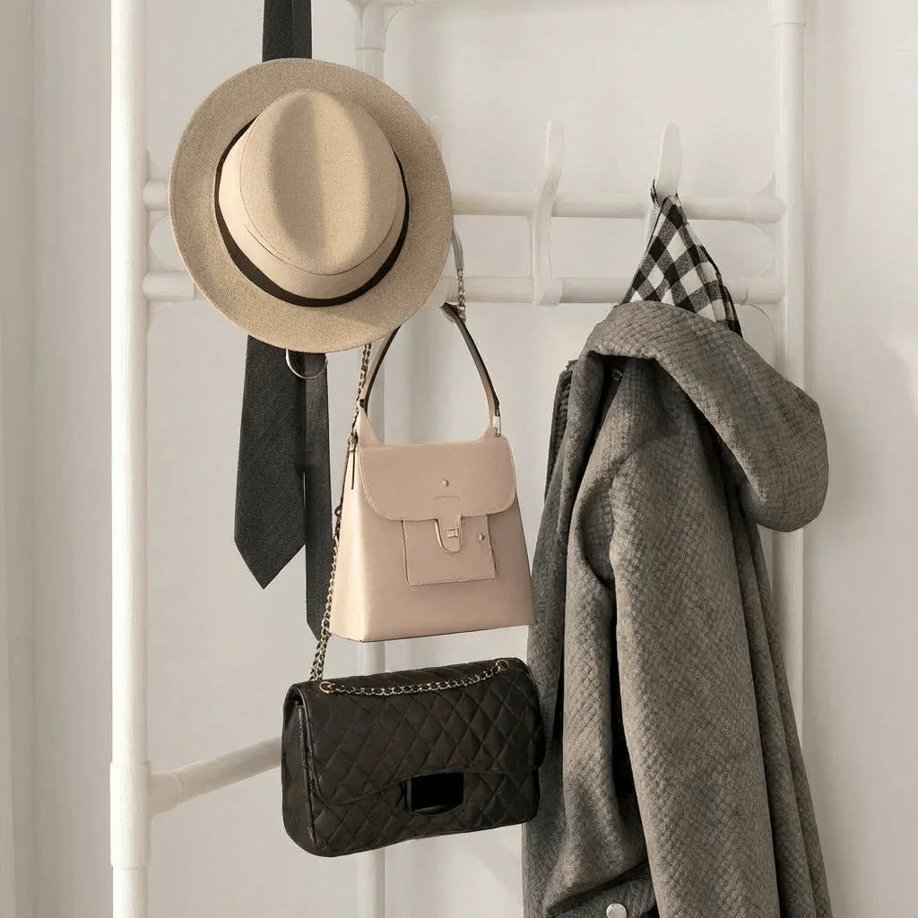 Détail des crochets supérieurs et du portant blanc avec manteau, chapeau et sacs