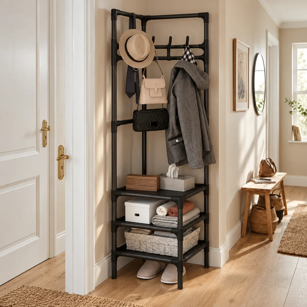 Autre angle du porte-manteau noir d'angle avec rangement dans une entrée