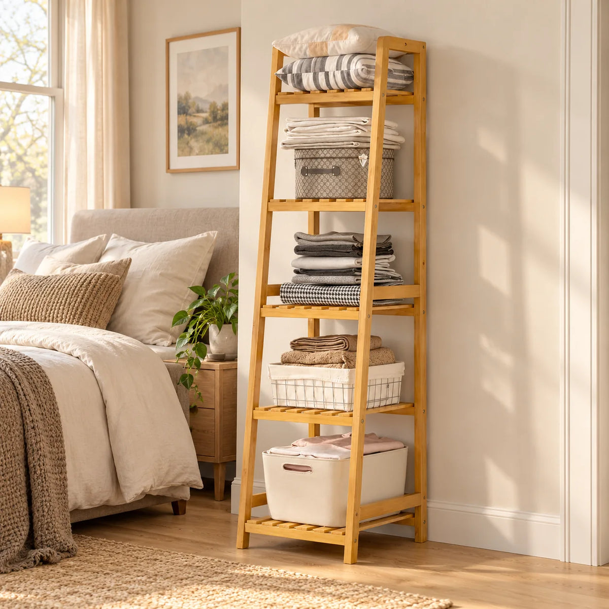 Étagère dressing en bois clair à cinq niveaux près d’un lit