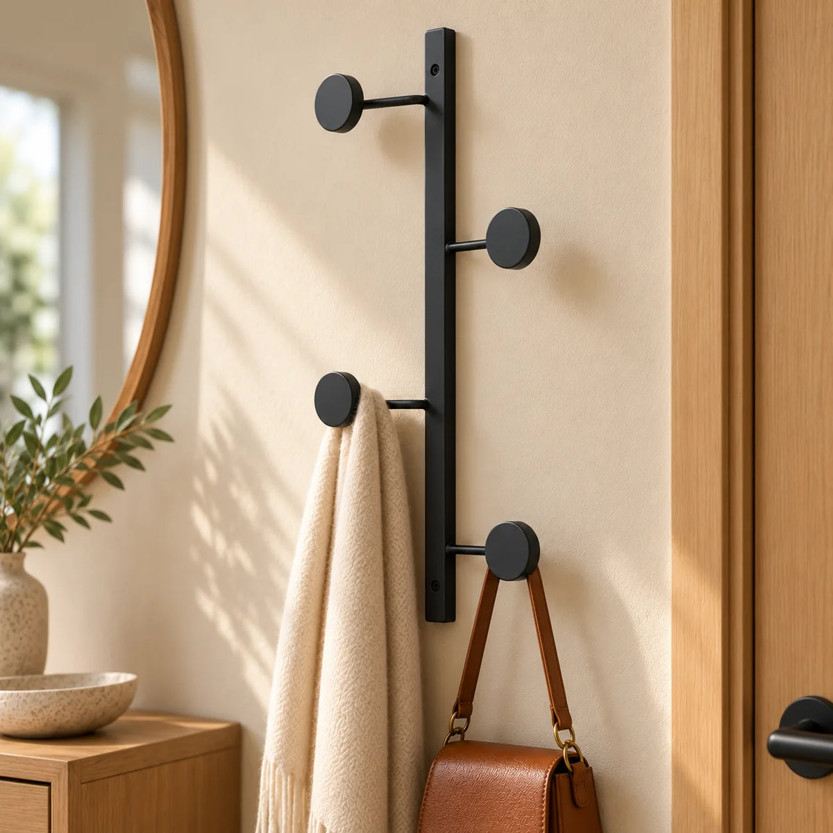 Vue rapprochée de biais du porte-manteau noir à quatre crochets dans la même entrée