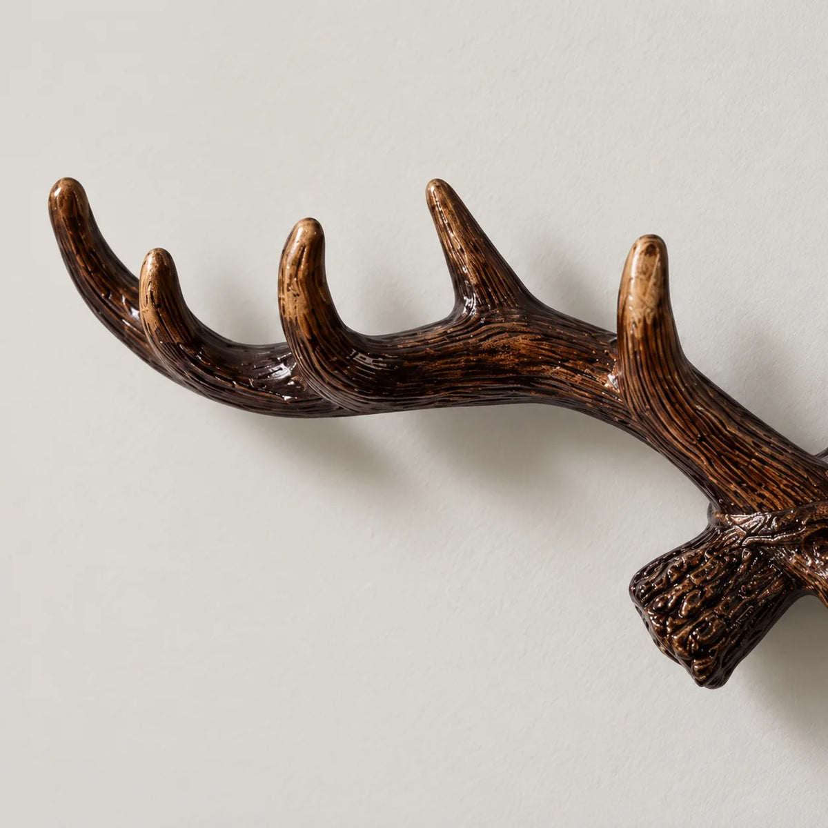 Gros plan des pointes incurvées et de la finition brune du porte-manteau bois de cerf