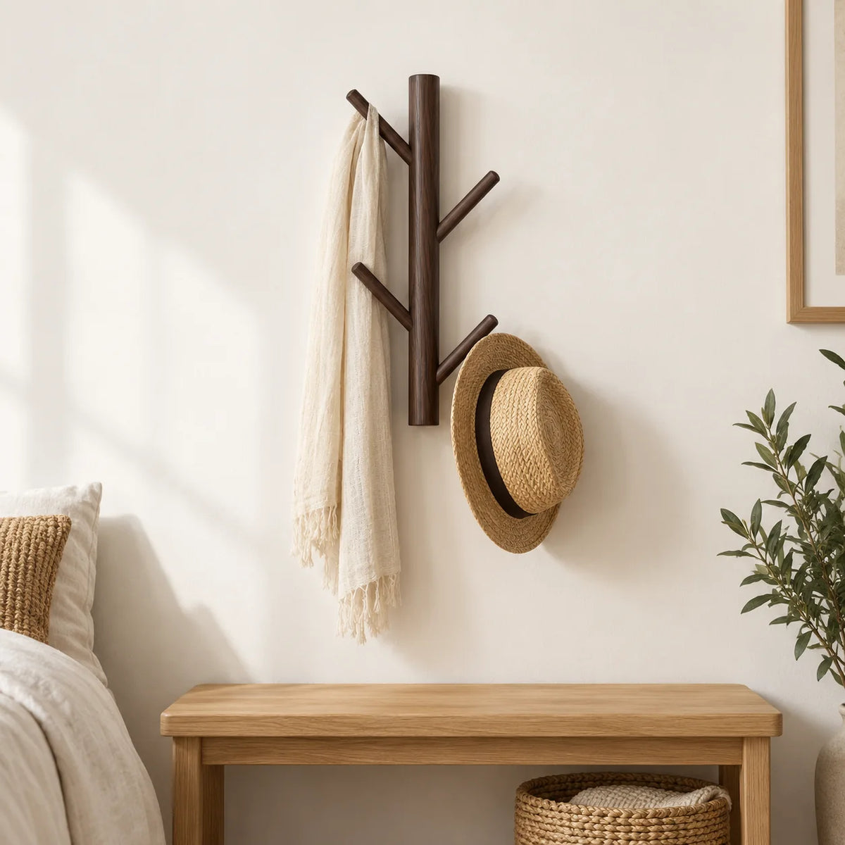 Porte-manteau mural en bois foncé avec écharpe et chapeau au-dessus d’un banc