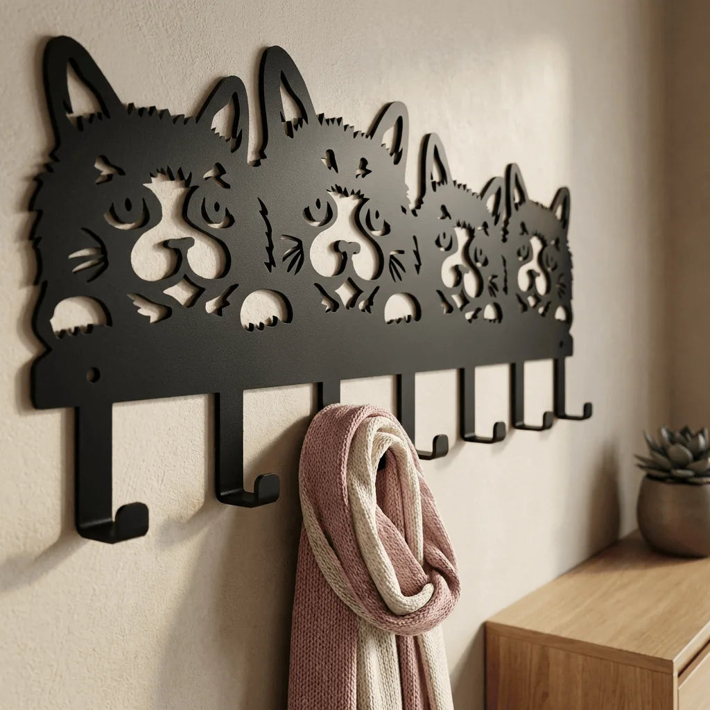 Photo originale en perspective du porte-manteau chats et de ses crochets avec une écharpe